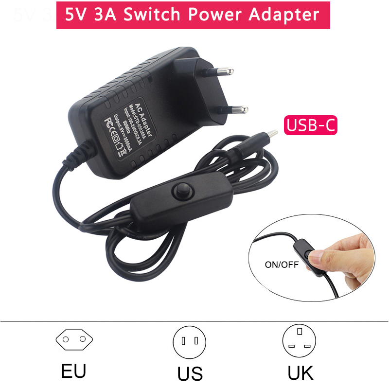 ON/OFF 스위치가 있는 5V 3A 전원 공급 장치  - Raspberry Pi Zero 리뷰 및 가격